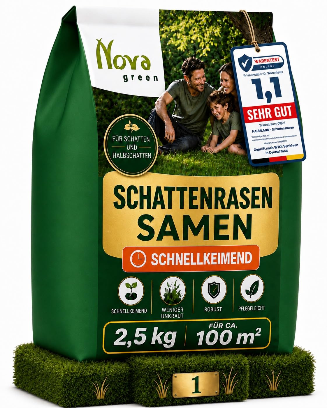 Schattenrasen Samen Rasensamen schnellkeimend Sommer 2,5 kg = 75 m² | Grassamen schnellkeimend für schattige Flächen | für Rasen Nachsaat | SEHR GUT getestet | Inkl. Rasensaat Anleitung