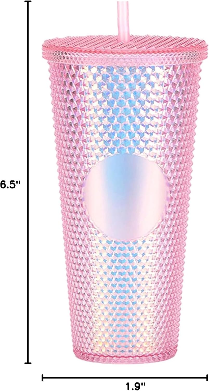 Studded Tumbler With Straw Tumblers With Lids And Straws Pink Tumbler With Straw Textured Cup BPA-Free Double-Wall Plastic Tumblers for Iced Coffee Cold Drinks or Water 24 Oz - Image 7