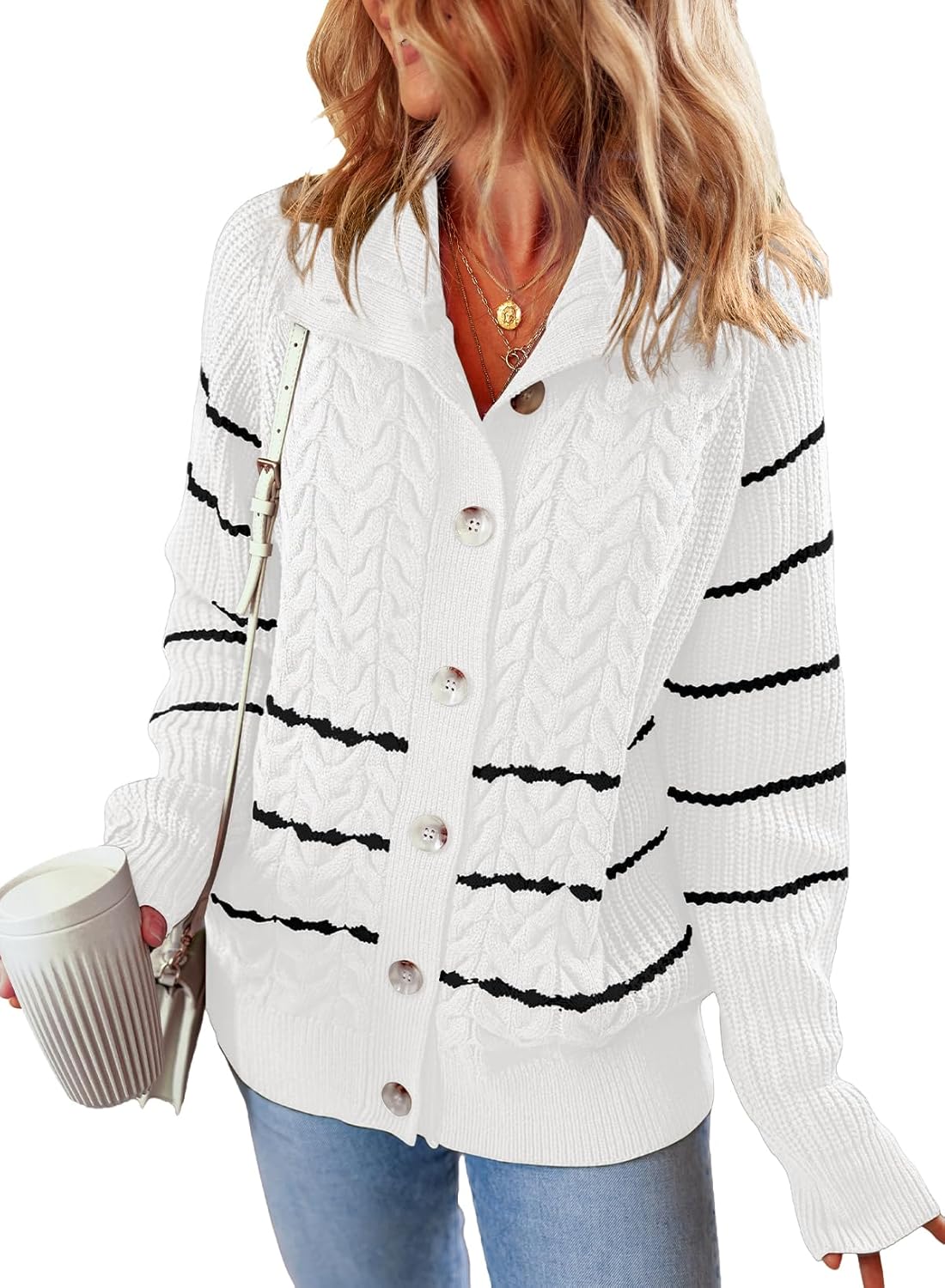 Dokotoo Women’s 2024 Fall Long Sleeve Striped Sweater Open Front Chunky Cable Knit Cardigans Sweaters Button Outerwear Coats Dokotoo Women’s 2024 Fall Long Sleeve Striped Sweater Open Front Chunky Cable Knit Cardigans Sweaters Button Outerwear Coats