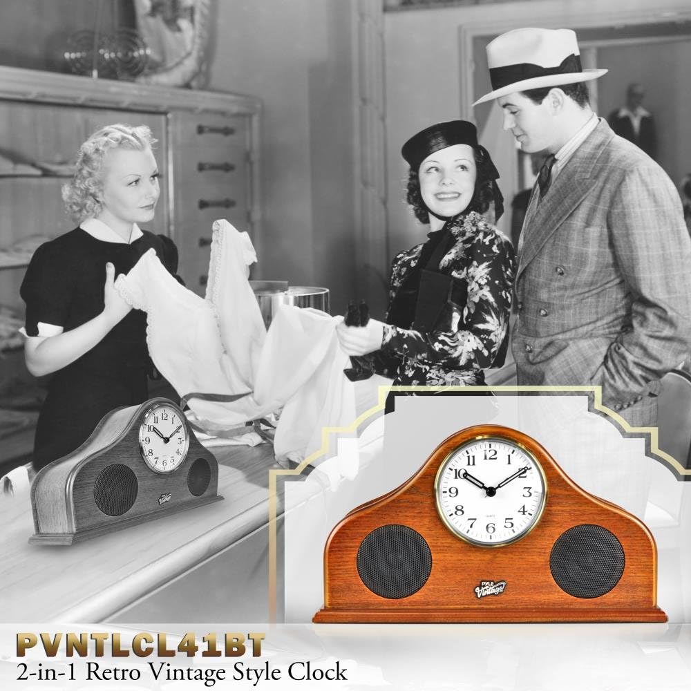 New Deal Pyle 2-in-1 Vintage Style Clock - Retro Bluetooth Speaker, Tabletop Clock, Handcrafted Birchwood, Quartz Clock, USB Charging, Full Bass Sound System, Built-in Speakers, 25 Watt, Brown (PVNTLCL41BT)