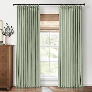 Pinch Pleated Blackout Curtains 108 Inches Long, Linen Blend, 100% Blackout Drapes with 20 Hooks, Ideal for Bedroom and Living Room, 40" W x 108" L (Pack of 2), Light Sage