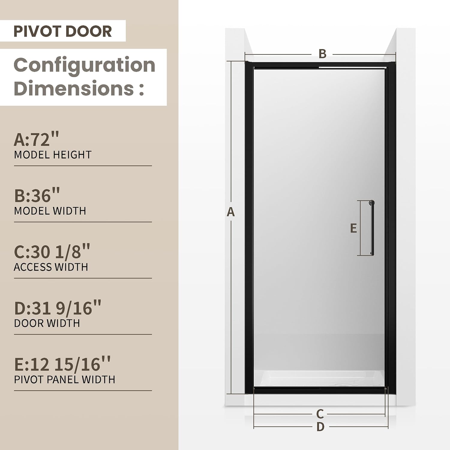 35-36" W x 72" H Semi-Frameless Pivot Shower Door, Single Glass Shower Door with 1/4"(6mm) SGCC Tempered Glass, Easy to Clean, Matt Black
