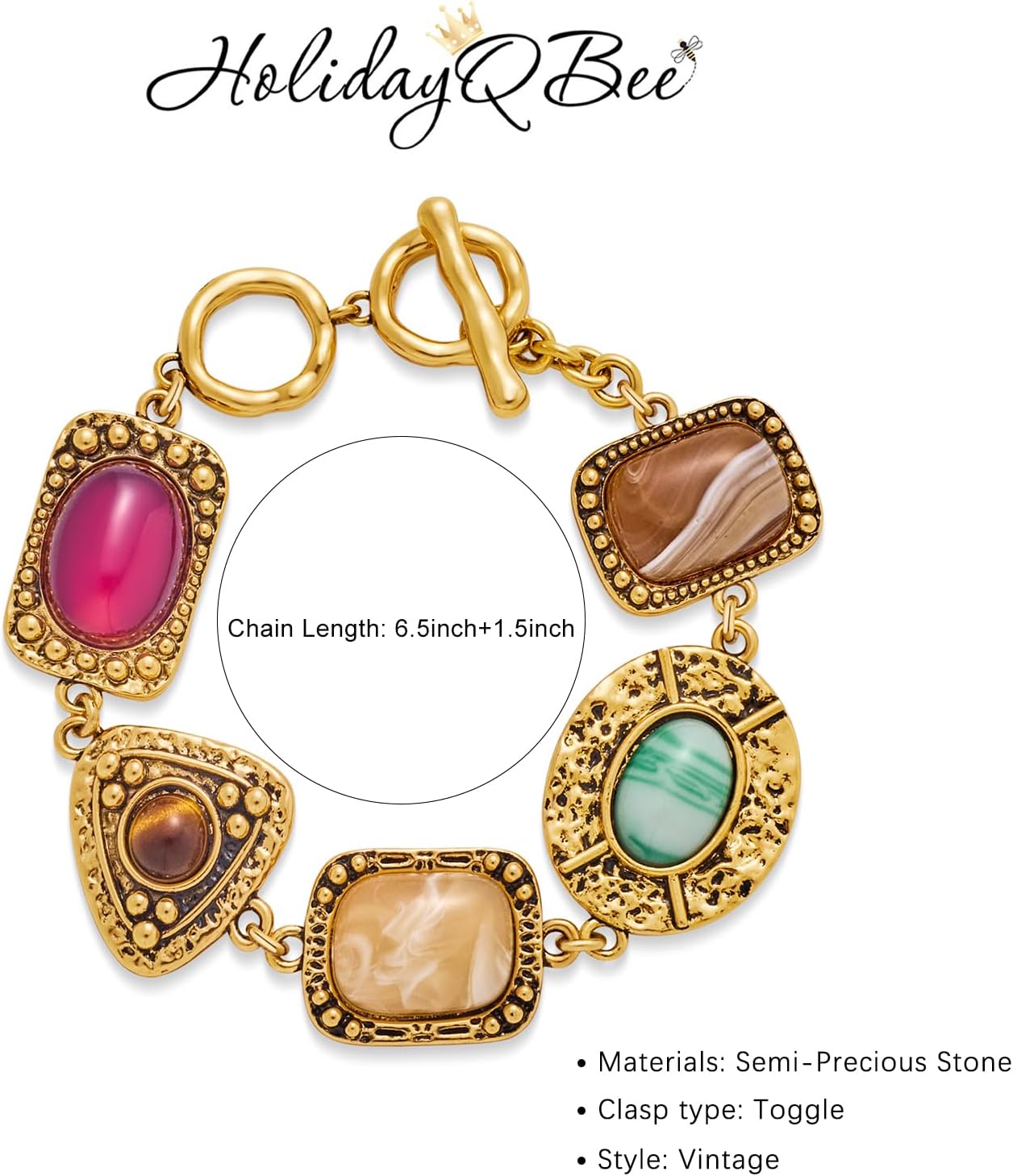 Gemstone Bracelet for Women, 14K Gold-Plated Chunky Toggle Clasp Link Bracelet Boho Multi-Stone Statement Bracelet Jewelry Gifts - Image 6