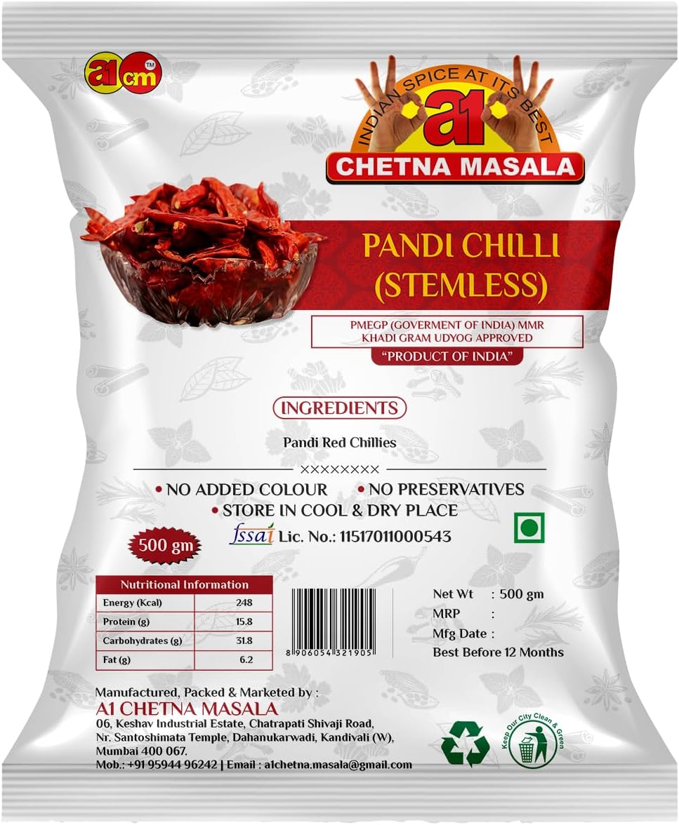 A1 CHETNA MASALA Whole Pandi Chilli, Hot & Spicy Sabut lal Mirchi Red Chilli Whole Stemless Sabut Mirch Pandi Chilli | Natural Sabut Mirch Pandi Chilli(500 Gram STEMLESS)