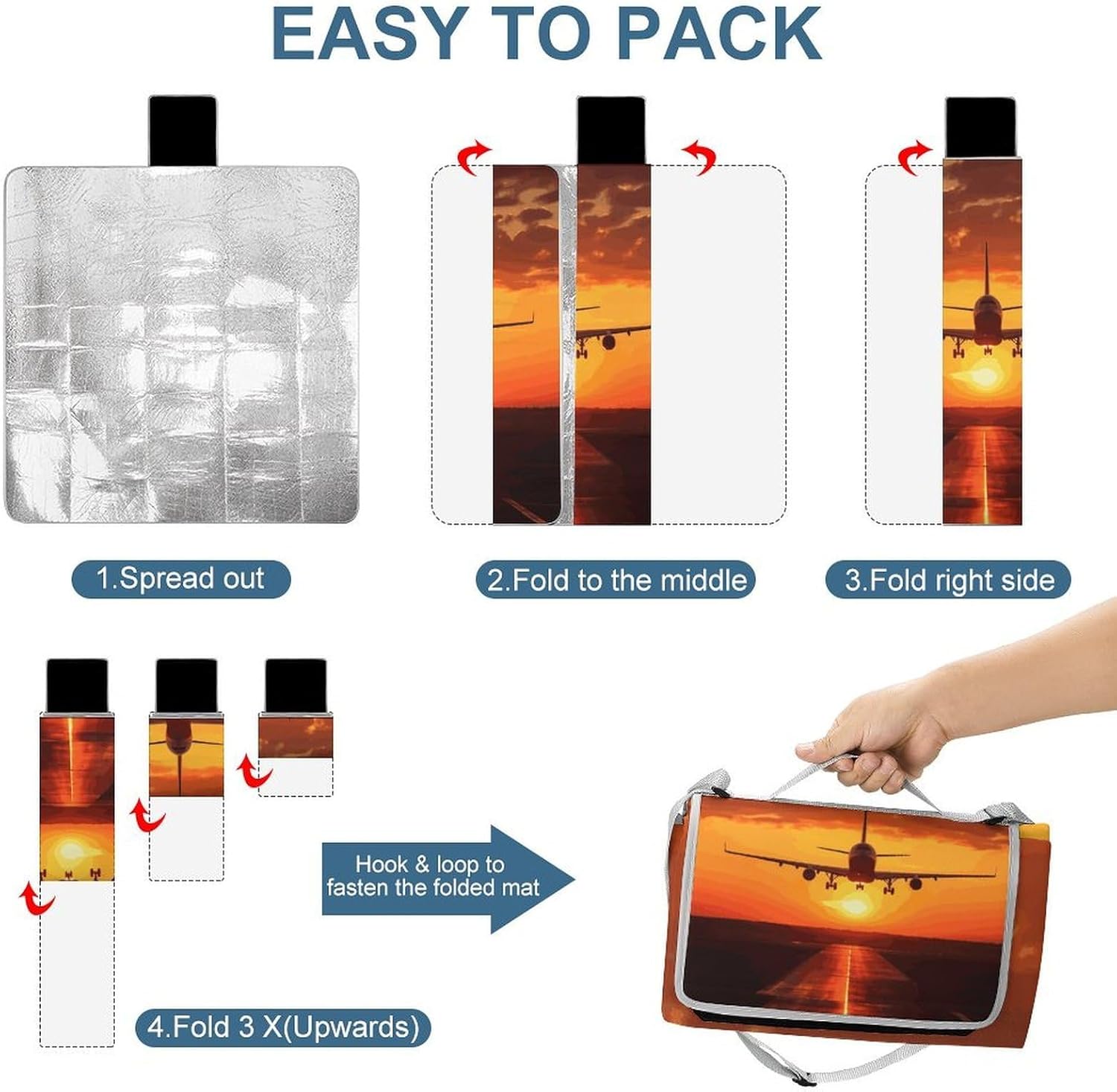 Airplane Sunset Waterproof Picnic Blanket 58.3''x58.3'',Portable and Foldable Picnic Mat with Handle,Outdoor Blankets for Lawn Park Beach Travel