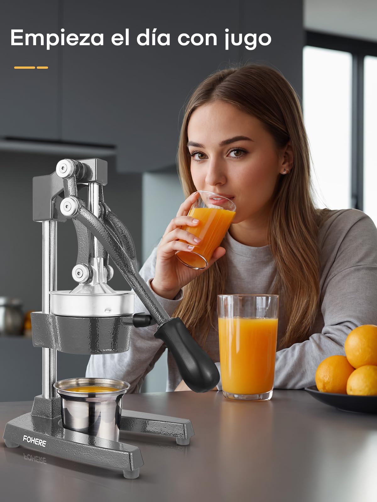 FOHERE Exprimidor Manual de Palanca de Hierro Fundido, Exprimidor de Limones, Naranjas y Granadas Profesional con Vaso de Acero Inoxidable de 400ml, Fácil de Limpiar
