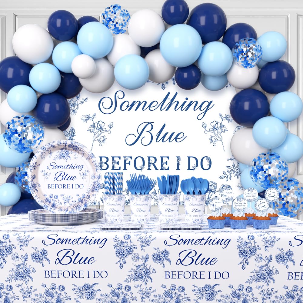 AIBIIN Something Blue Before I Do Bridal Shower Decorations, Blue and White Balloons Garland Arch Kit with Blue Flower Party Backdrop and Blue Bridal