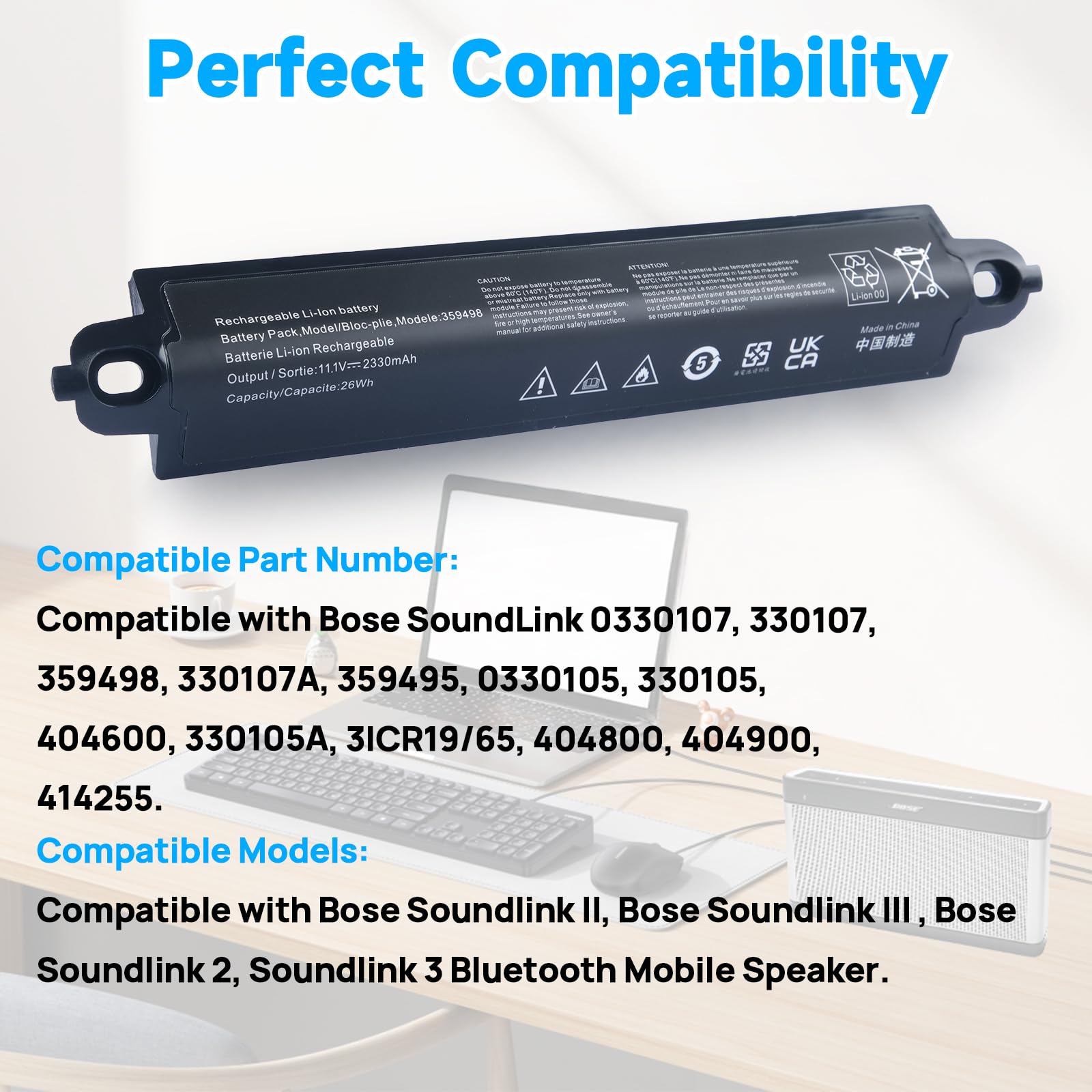 Bose 359498 Accu 330107A 359495 330105 330105A Compatibel met Bose SoundLink III 330107 359498; Bose soundlink Bluetooth Mobile Speaker II 404600-11.1V 2330mAh