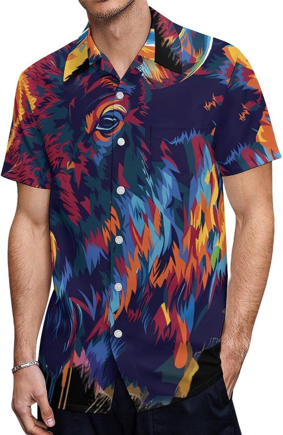 Colorful Bison-Head Men's Short Sleeve Shirts Casual Novelty Printed Button Down Shirt Summer Tops