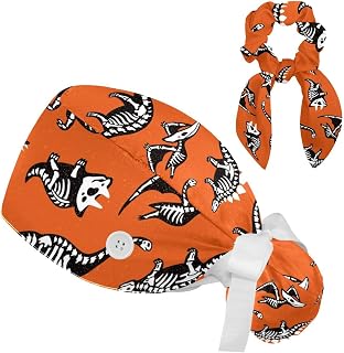 FVQL Set of 2 Bouffant Caps with Hairband Surgical Caps Scrub Cap, Cartoon Pattern Dinosaur Skeleton