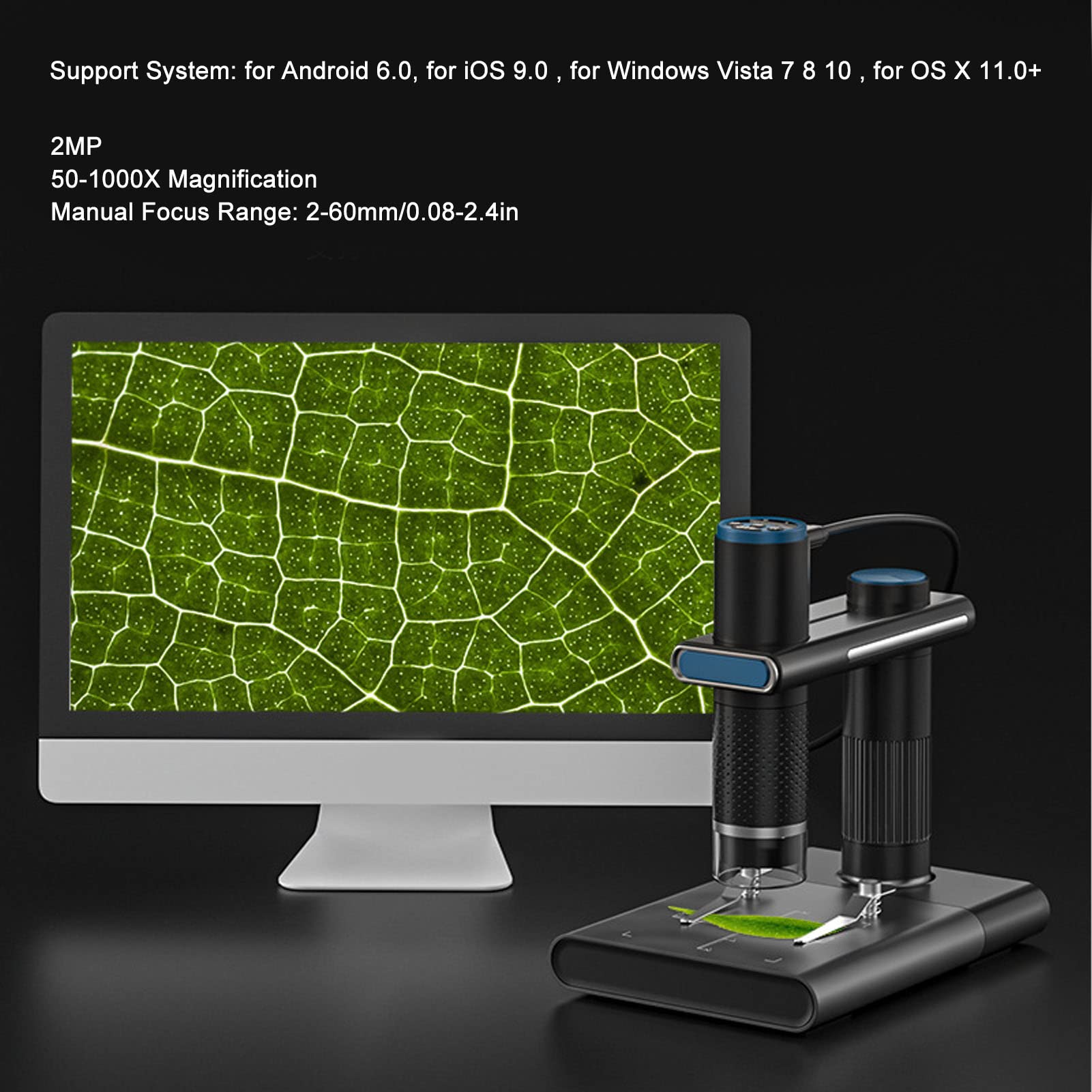 Microscopio Digital WiFi, HD 1080P 50 a 1000X Aumento Inalámbrico USB Portátil Microscopio de Bolsillo Cámara con 8 LED Soporte de Metal Ajustable y Bolsa de Transporte (Negro)