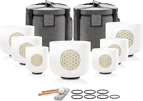 Lycrystal Juego de 7 cuencos de canto de 432 Hz Chakra de Flor de la Vida, juego de cuencos de sonido para meditación para sanación, incluye 2