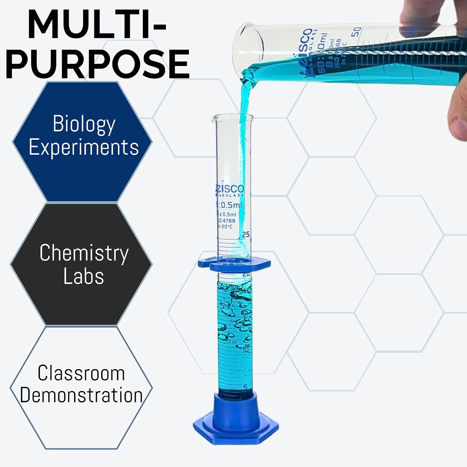 Eisco Labs - 25mL Borosilicate Glass Measuring Cylinder with Spout, Detachable Hexagonal Base & Protection Collar – Class B, 0.5mL Increments, Heat Resistant for Science Labs & Classrooms, 6 Pack