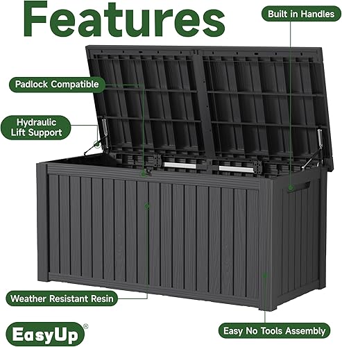 Vista 47 de EasyUp Caja de almacenamiento para exteriores de 230 galones, impermeable, resistente a los rayos UV, con varilla hidráulica, estabilidad reforzada