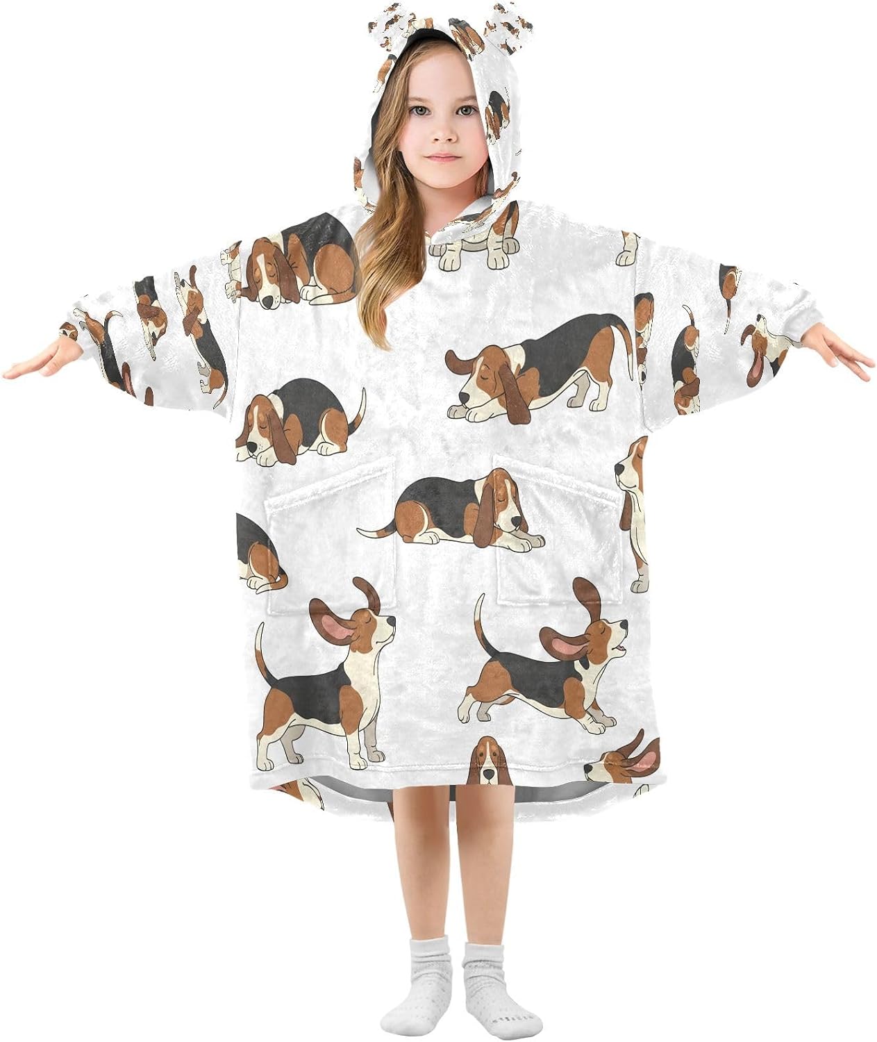 Kigai Cute Dogs Wearable Blanket Hoodie for Kids Oversized Hooded Sweatshirt Flannel Blanket with Pocket