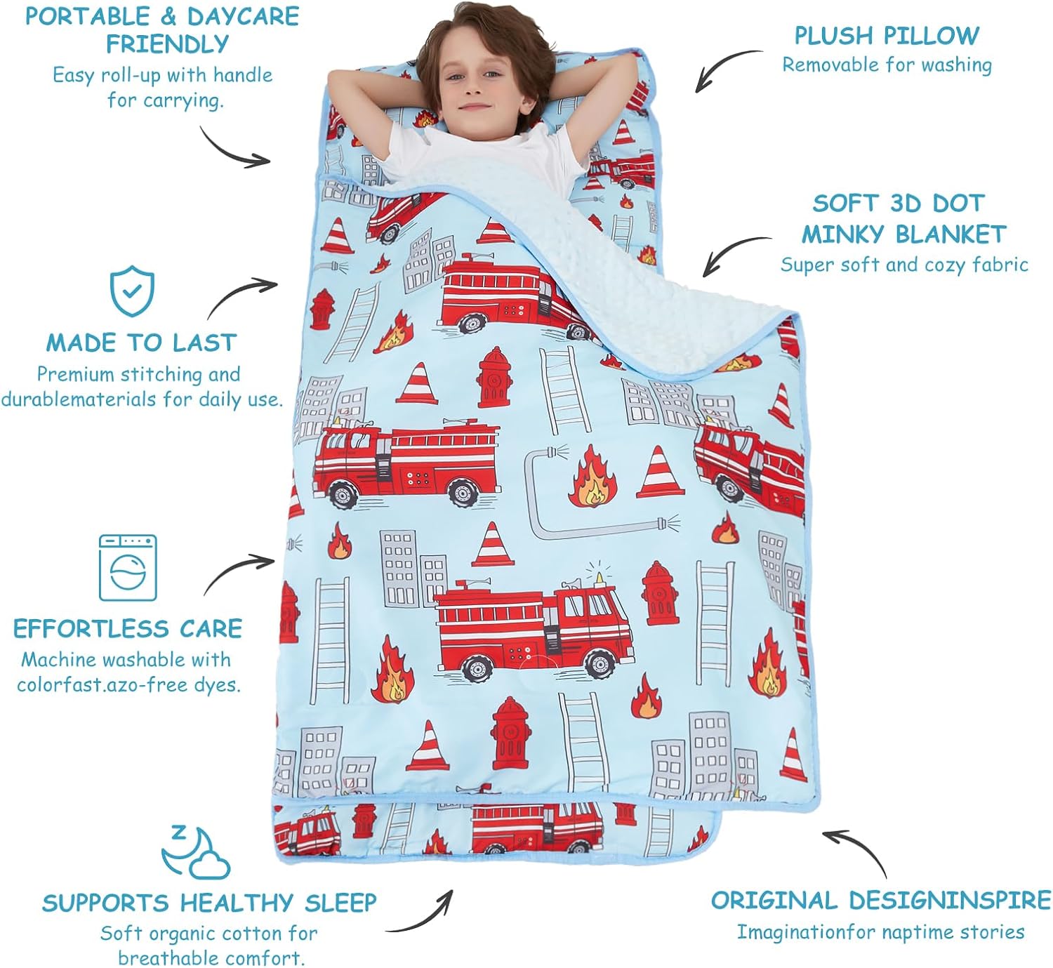 Toddler Nap Mat, Kids Sleeping Bag with Pillow & Minky Blanket, Boys Girls Extra Large Rolled Nap Mats for Preschool Daycare Camping Kindergarten