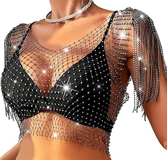 Womens Rhinestone Mesh Crop Top, Black