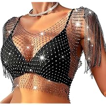 Women's Rhinestone Mesh Crop Top, Black, Sparkly Crystal Tassel Fringe, Rave Festival Party WearTassel mesh/Black