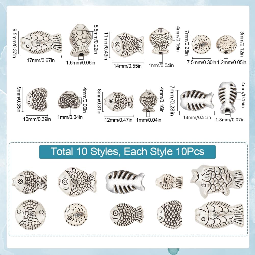 SUNNYCLUE 1 Box 100Pcs 10 Styles Silver Fish Beads Fishes Beads Metal Alloy Tibetan Antique Ocean Summer Animal Spacer Beads for Jewelry Making Supplies DIY Crafting Necklace Bracelet Anklets Adults - Image 2