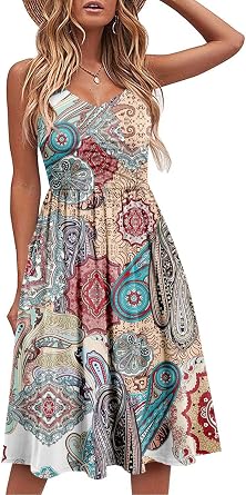 BeadChica Womens Casual Dress Summer Sleeveless V Neck Floral Sundresses A Line Spaghetti Strap Midi Dress with Pockets
