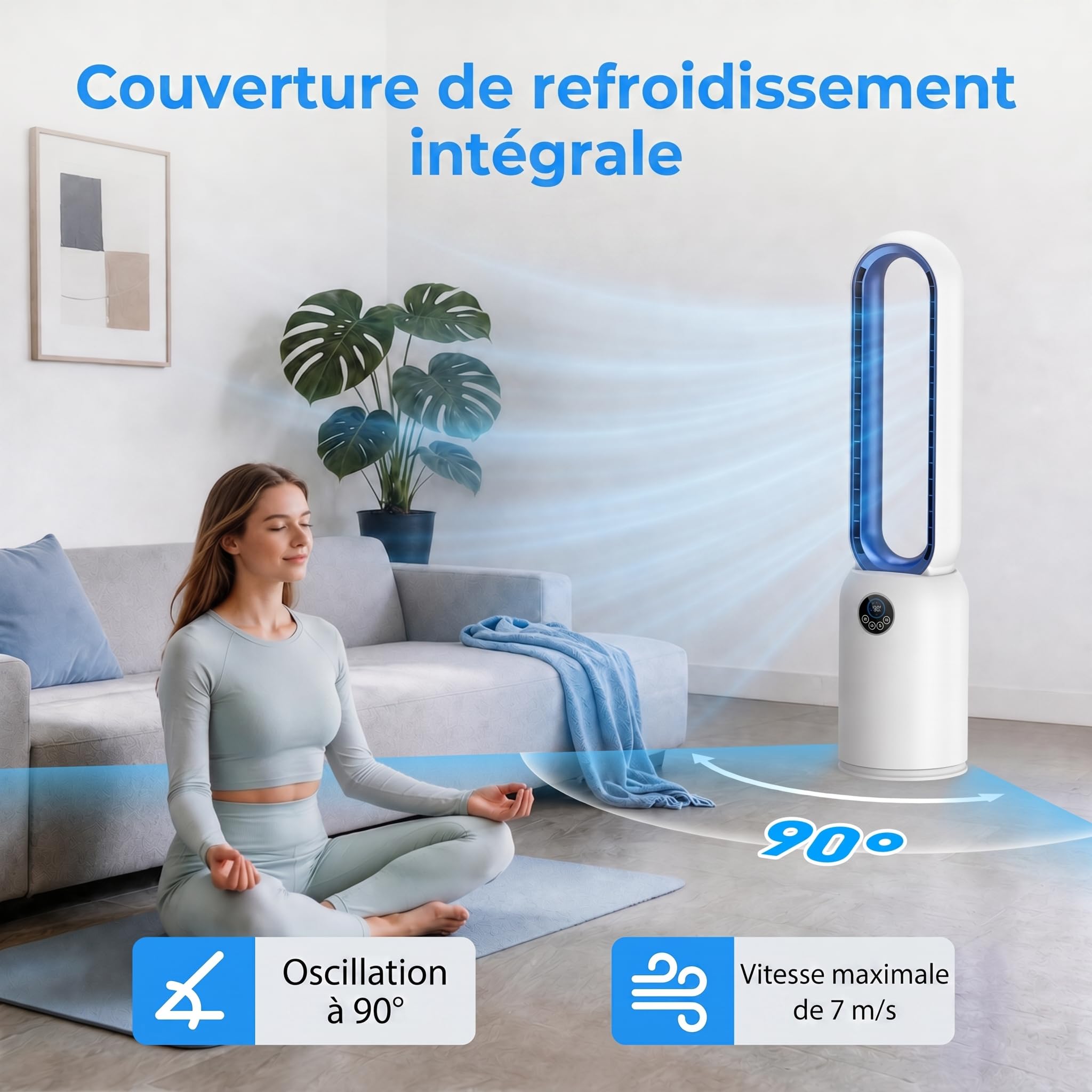 Ventilateur Sans Pale Silencieux, 24 Vitesses Ventilateur Colonne avec Purification par Ions Négatifs, Ventilateur sur Pied Oscillation à 90°, Écran LCD, Minuterie 12H, Pour Chambre à Coucher