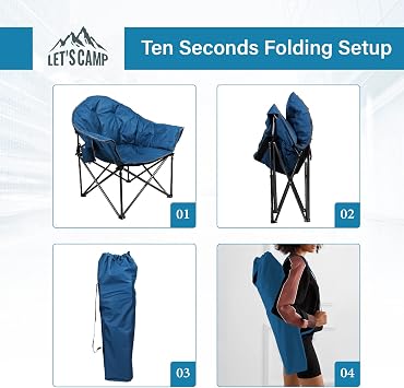 LET'S CAMP Heavy-Duty Oversize Camping Chair Round Moon Saucer Chair | Padded with Cup Holder and Carry Bag Folding Chair,2 Pack,Navy