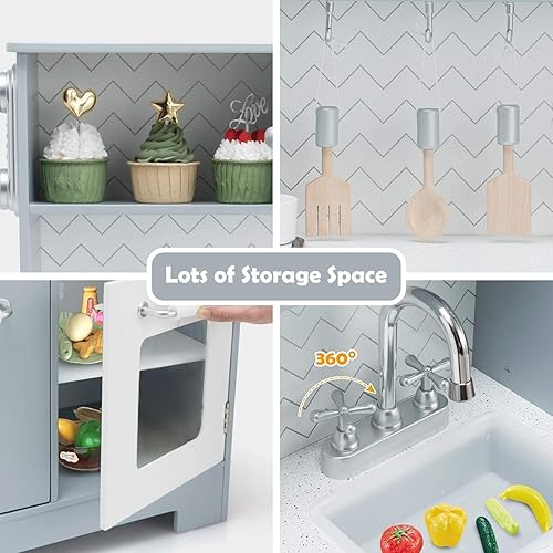 Miniatura 4 de Costzon Juego de cocina para niños, juguete de cocina de madera con fregadero y grifo, microondas, estante para platos, lavadora, cocina de juego