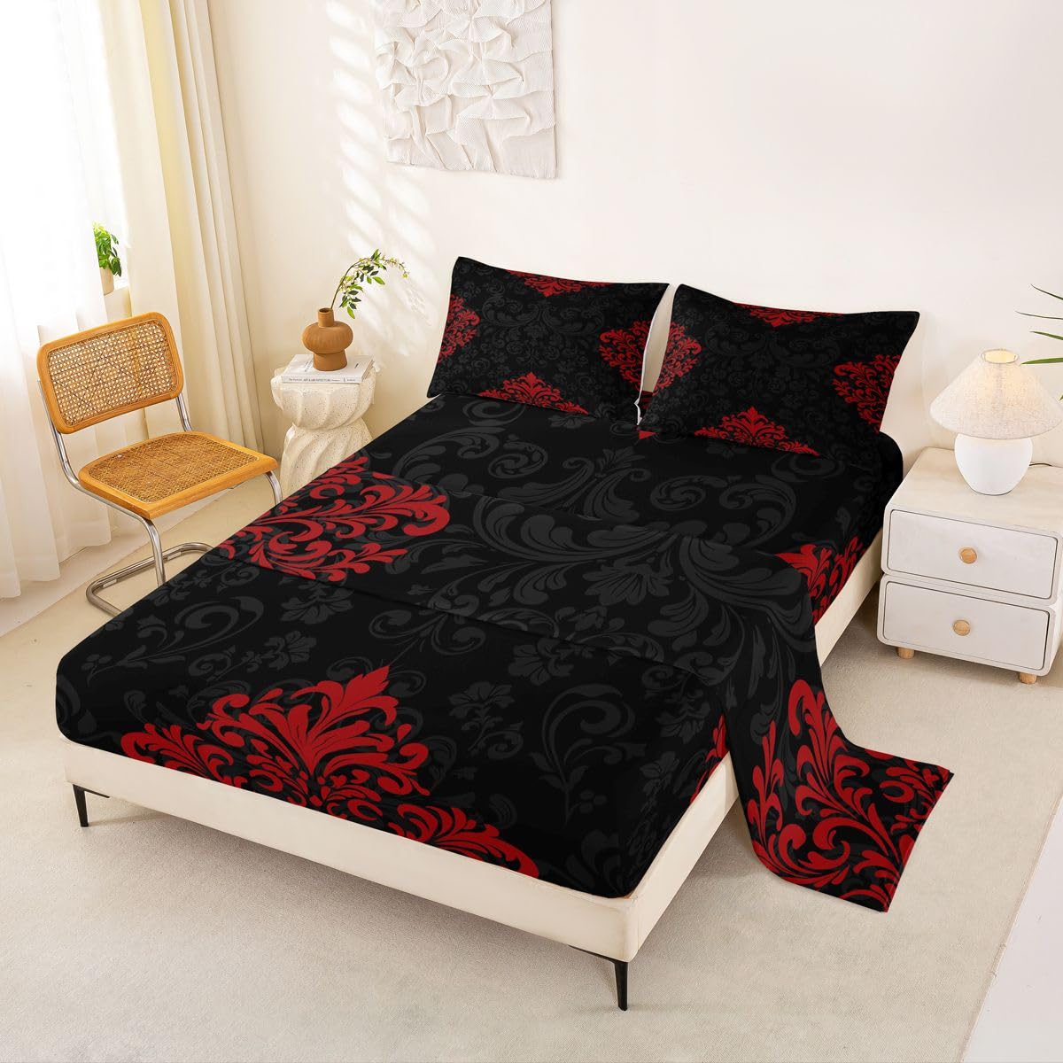 Homemissing Set di lenzuola gotiche rosse per letto matrimoniale con stampa damascata e tasca profonda, lenzuolo con angoli in stile antico barocco vittoriano, set da letto morbido, 4 pezzi con 2
