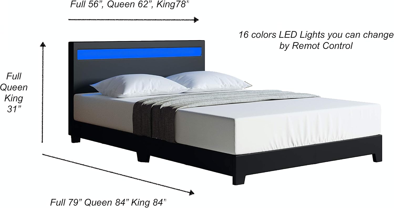 ZTOZZ LED Bed Frame Queen Size - Non Adjustable Headboard - Contemporary Modern Low Profile Platform Bed with 16 Colors LED and Faux Leather Upholstery - Black Color