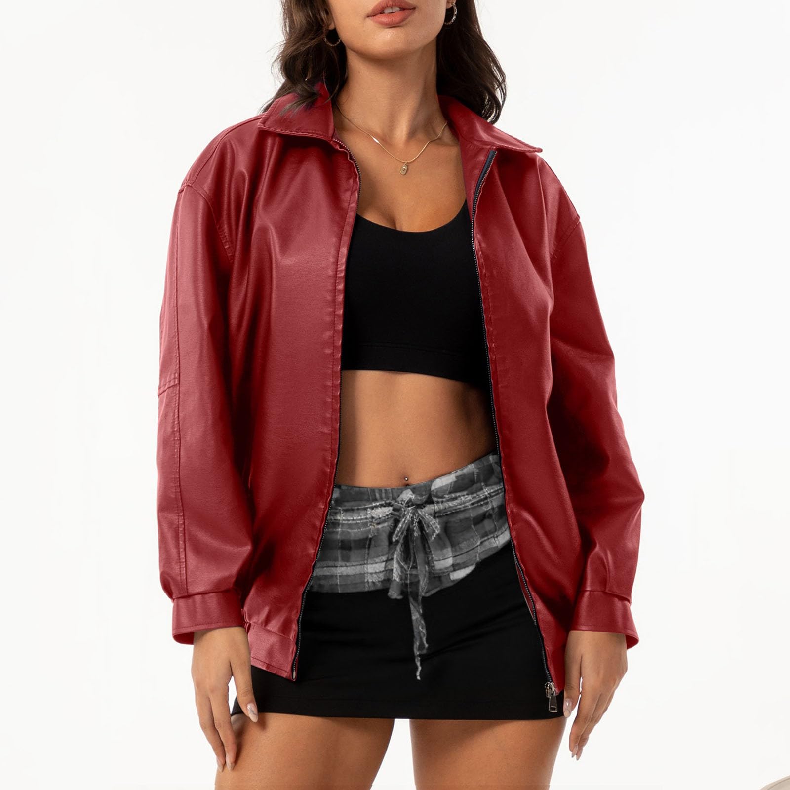 Lederjacke Damen Damen Kunstlederjacke Oversize Motorrad Übergröße Moto Biker Lederjacke Mantel Kurz Leicht Mode Lässige Kunstlederjacke L