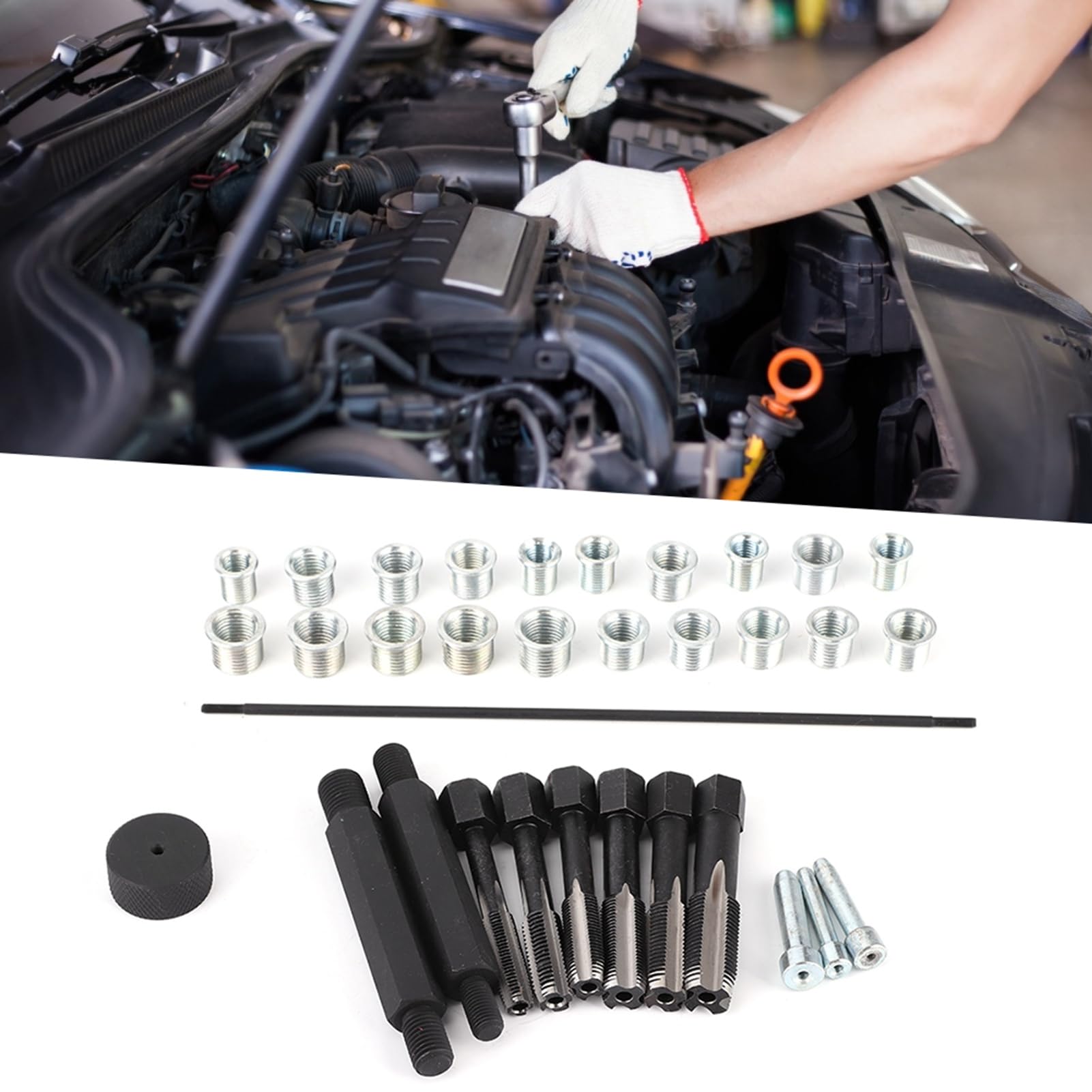Kit de reparación de roscas de bujías incandescentes, juego de grifos e insertos de 33 piezas para M8 M10 M12 M14, herramienta de reparación de roscas para culata de motor