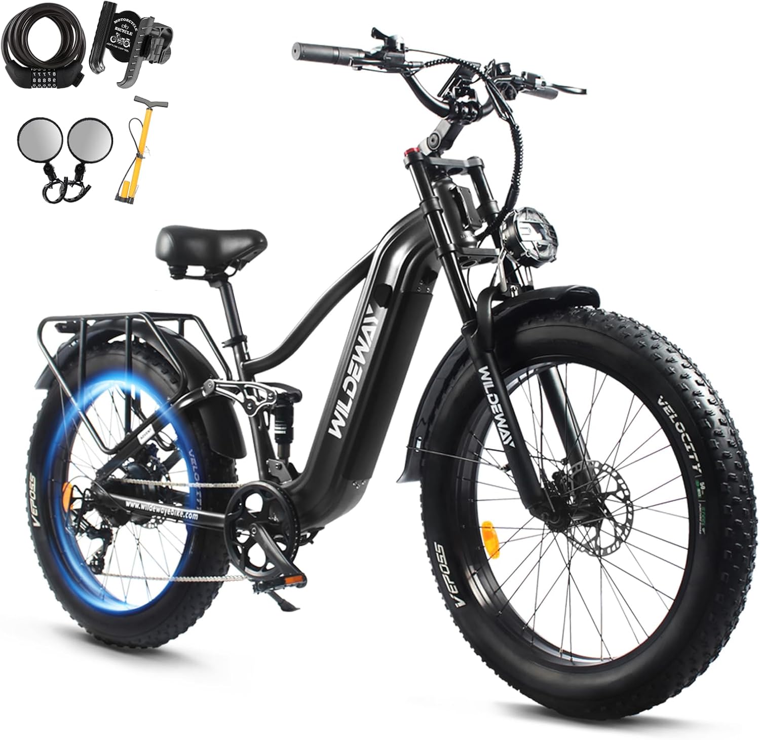 Wildeway 26" Snow Fat Tire Electric Bike for Adults, 1300W Motor 32MPH Ebike with 48V 20Ah Removable Battery, Full Suspension Off-Road Mountain Long Range Electric Bicycle 2 Seat