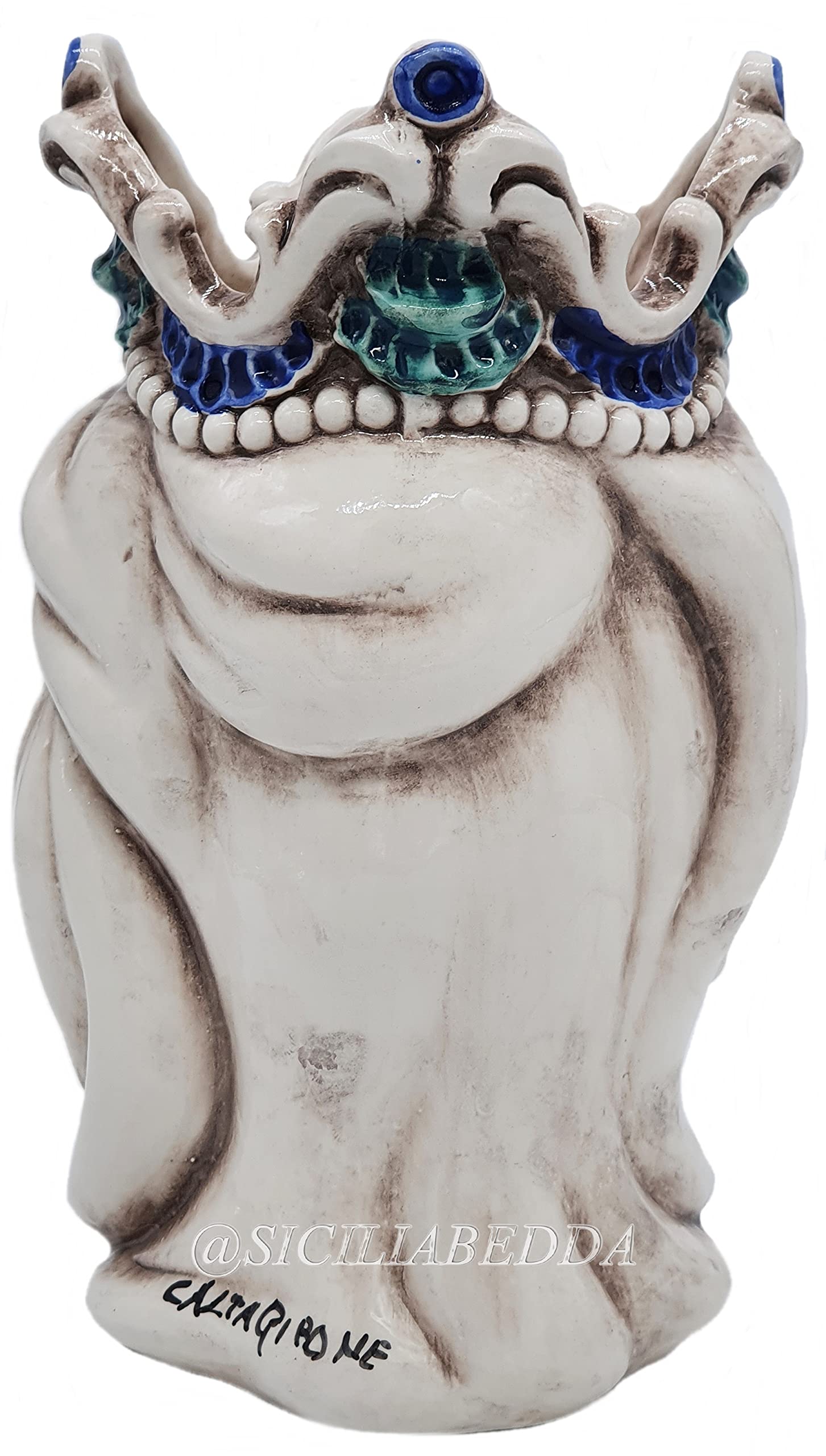 sicilia bedda - Teste di Moro Siciliane in Ceramica di Caltagirone - Realizzato Interamente a Mano - Altezza 18 Centimetri (Testa di Moro Donna Blu)