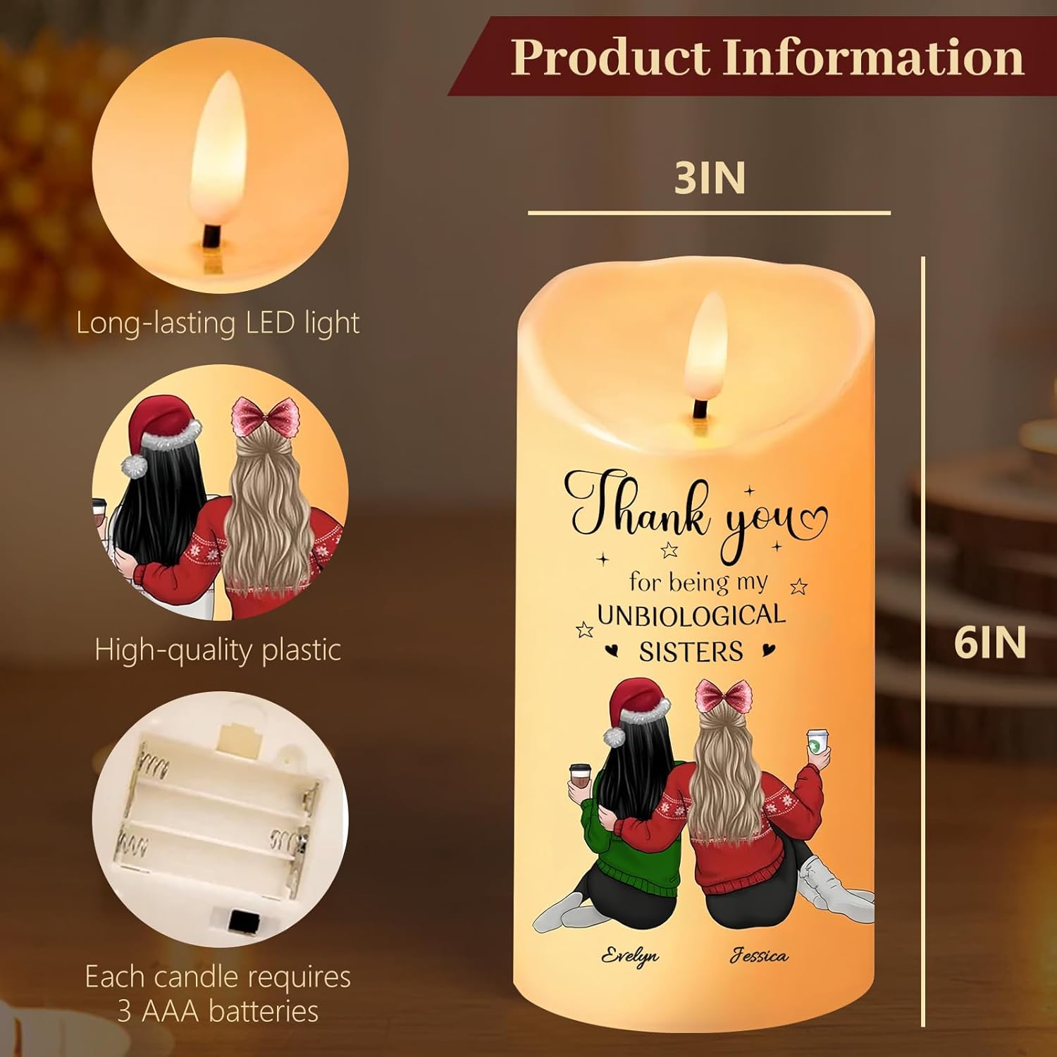 Our Friendship is Endless Custom Candles for Sister Personalized Best Friend 3D Led Flameless Pillar Funny Candles for Women Friends Unbiological Sister Gifts for Birthday Christmas