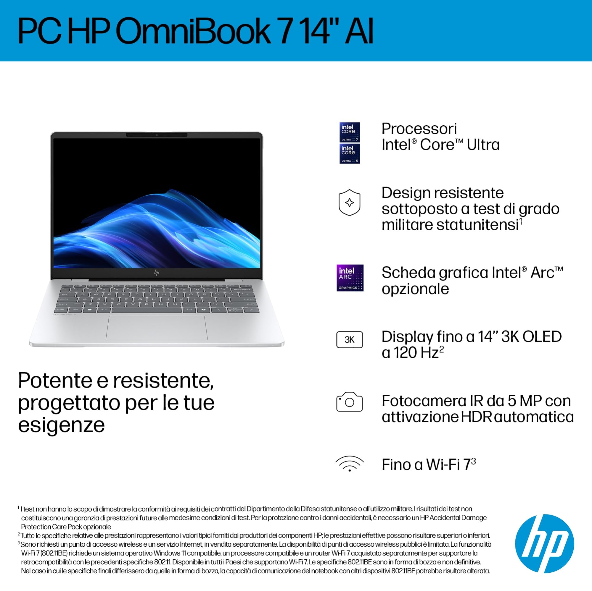 HP OmniBook 7 AI 14-fr0001sl, Notebook, Intel Core Ultra 5-225U, 16GB RAM, 512GB SSD, Display 14” OLED 2K 300 Nits, AI PC, 5MP IR Privacy Cam TNR, Windows 11, Argento