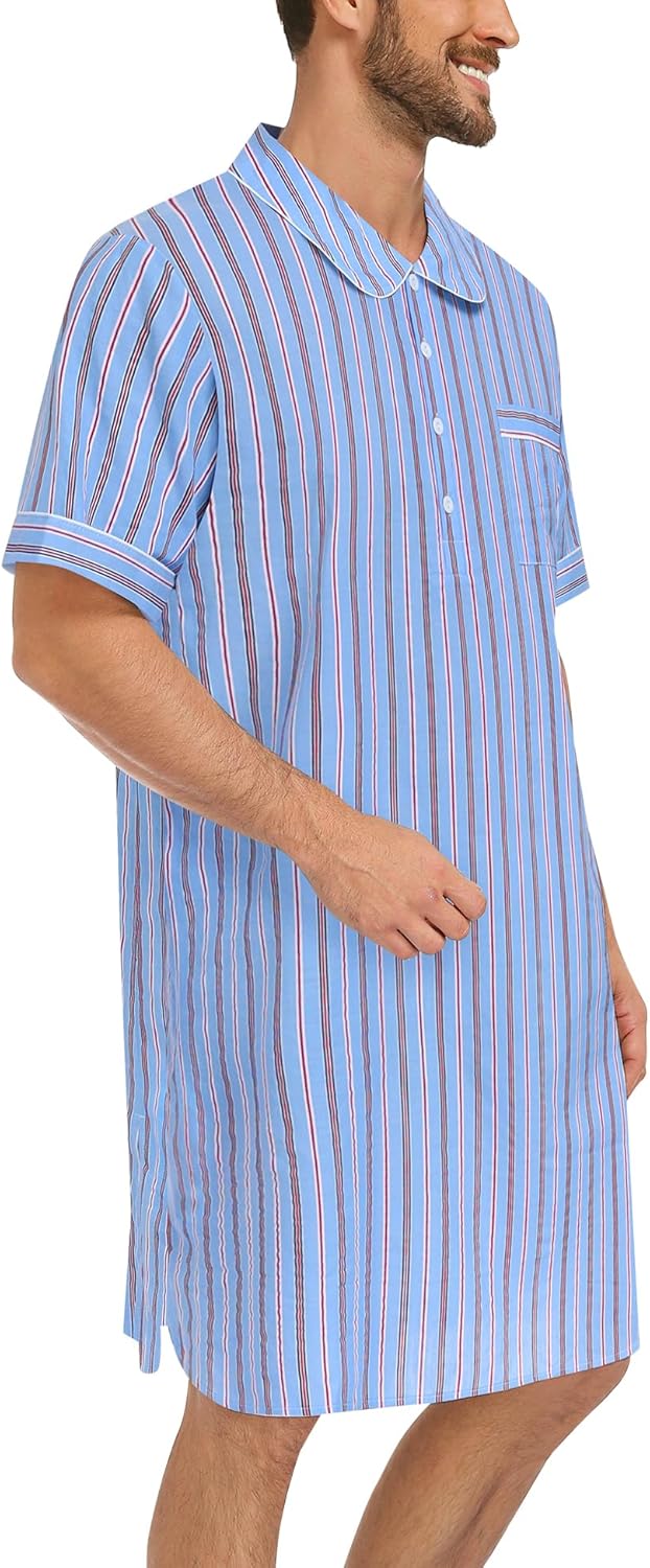 SWOMOG Men's Nightshirt 100% Cotton Short Sleeve Nightgown Button Down Sleep Shirt Soft Sleepwear Comfy Nightwear - Image 5