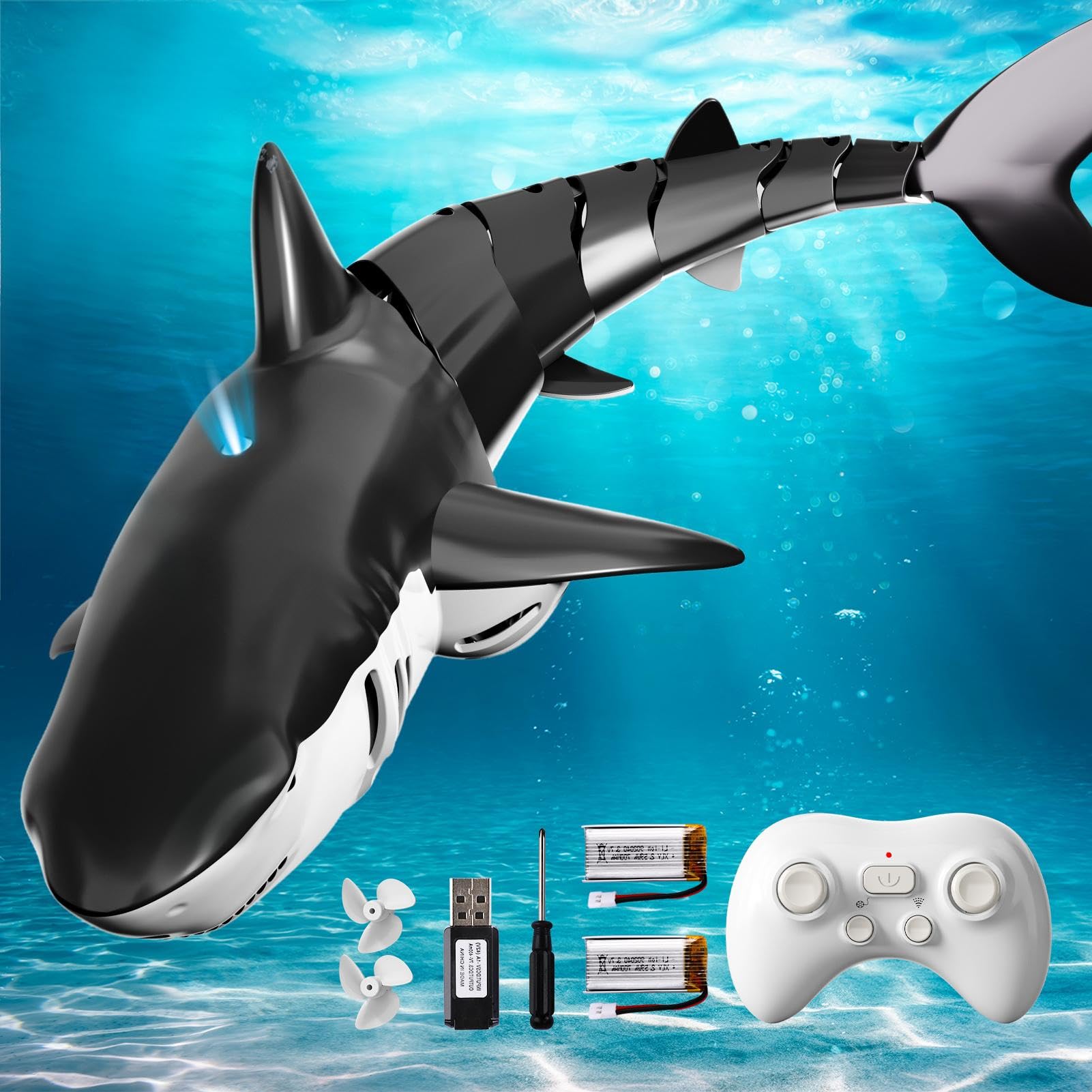 BLmukce 2.4GHz Remote Control Shark Toy for Pool, 1:18 Scale High Simulation RC Shark with Light & Spray Water, Electric Remote Controlled Swimming