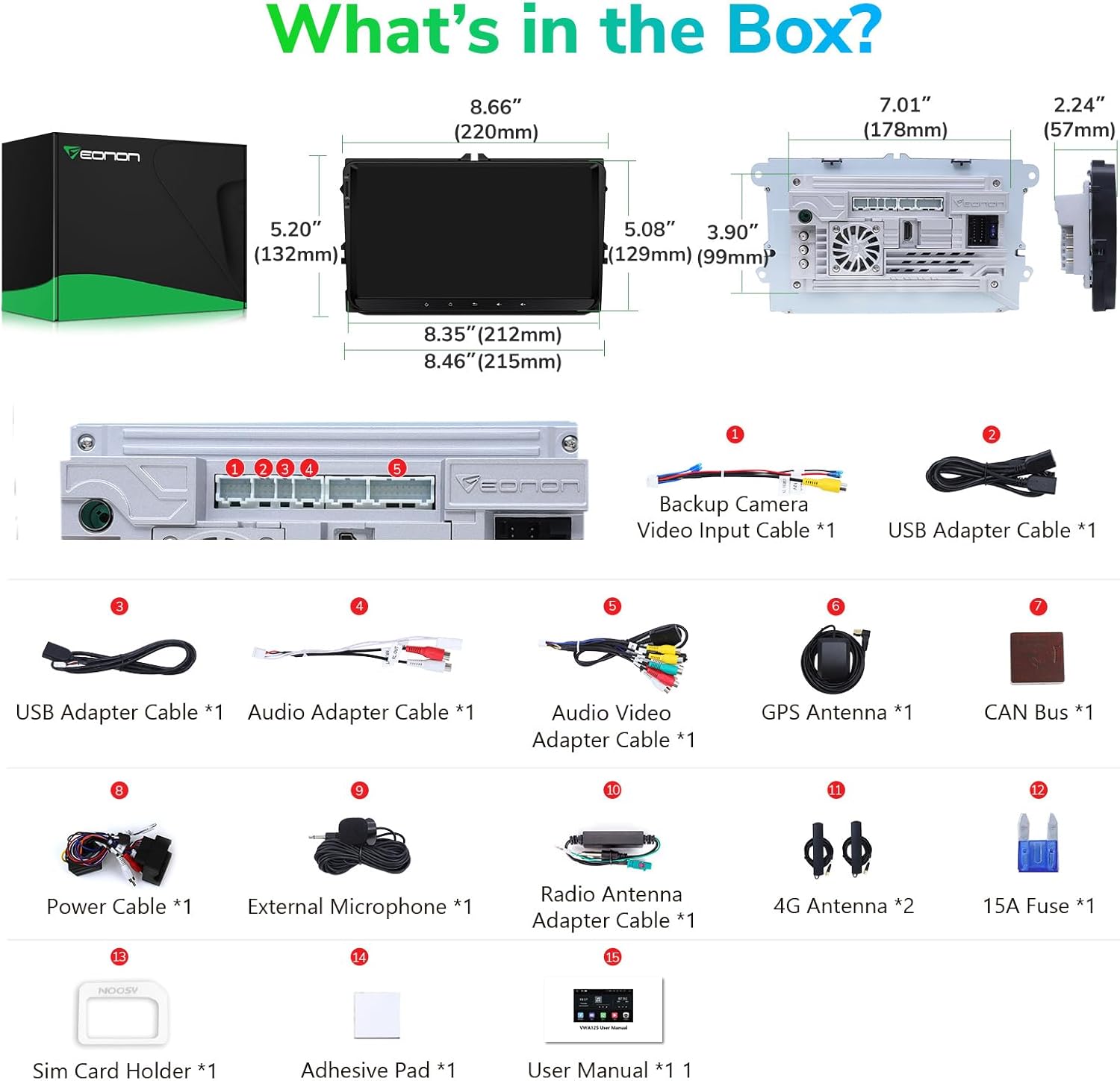Contents of the Eonon VWA12S car stereo package, including the head unit and various cables and accessories.