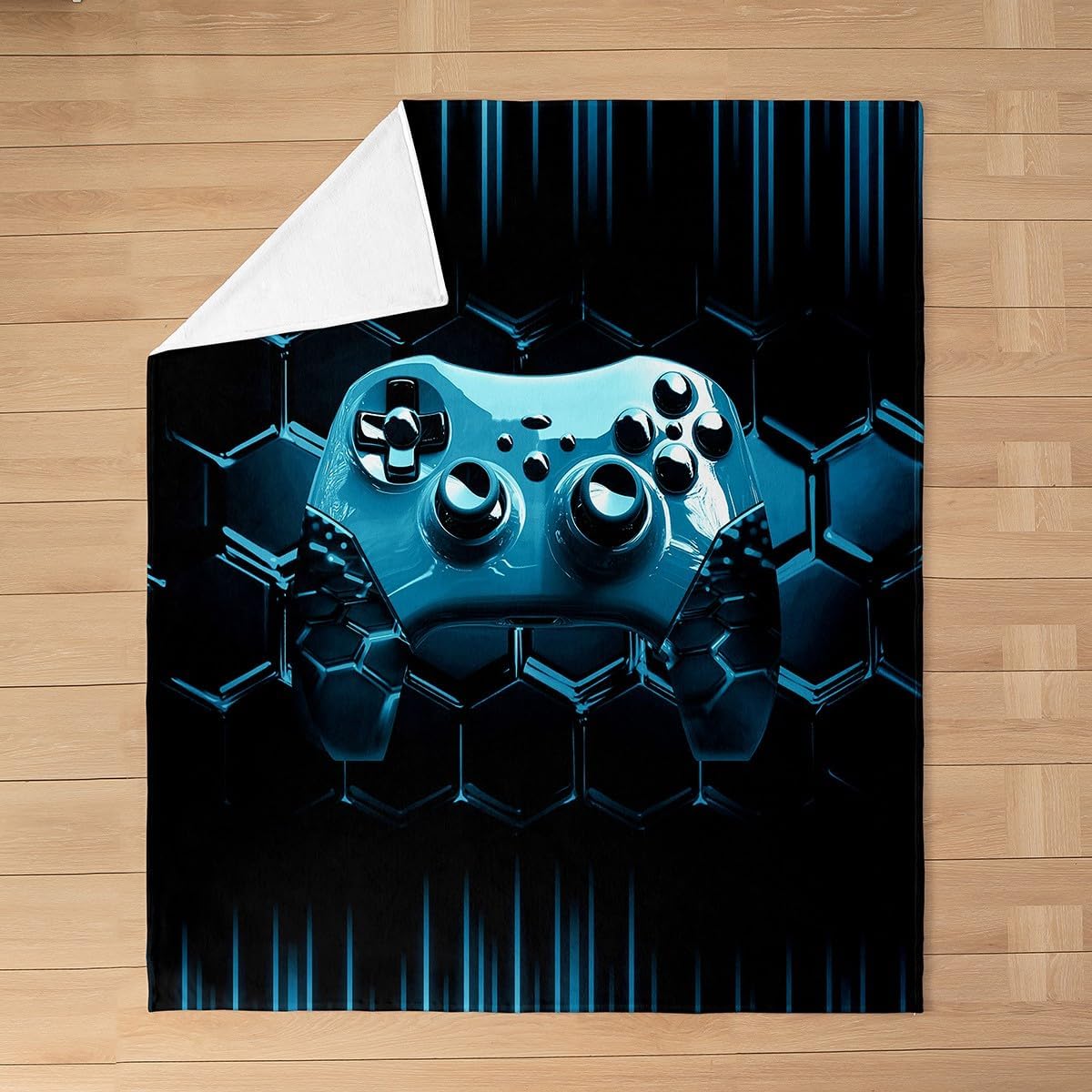Erosebridal Gaming for Boys Blue Gamer Throw Blanket Queen 90x90,Honeycomb Gaming 3D Sherpa Blanket,Blue Geometric Flannel Blanket for Girls Kids Teen,Cool Video Game Room Decor Blanket Lightweight