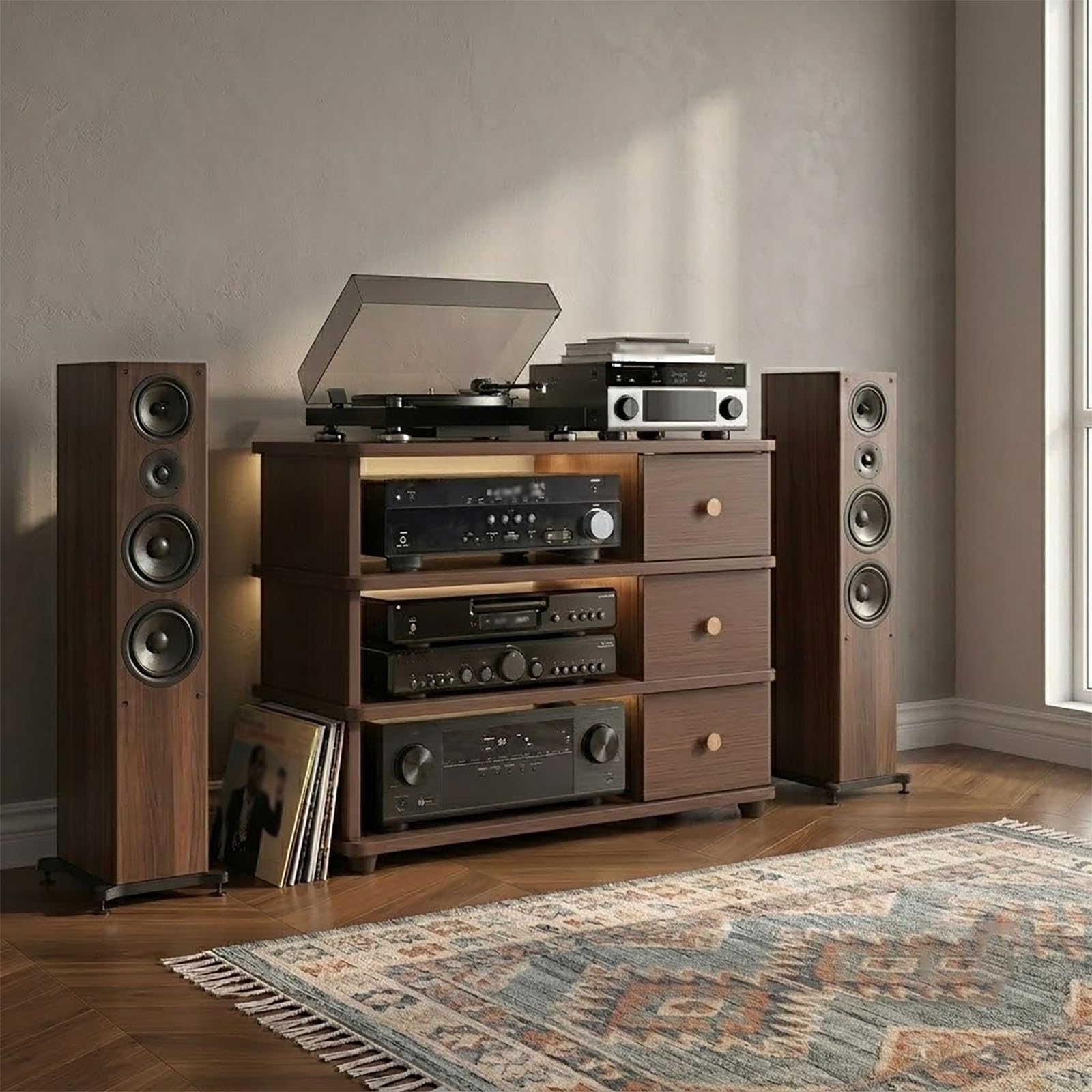 Supporto Audio, Mobile Stereo in Legno a 4 Ripiani con cassetto e Piedini ammortizzanti per Ufficio Domestico e Home Theater | Walnut