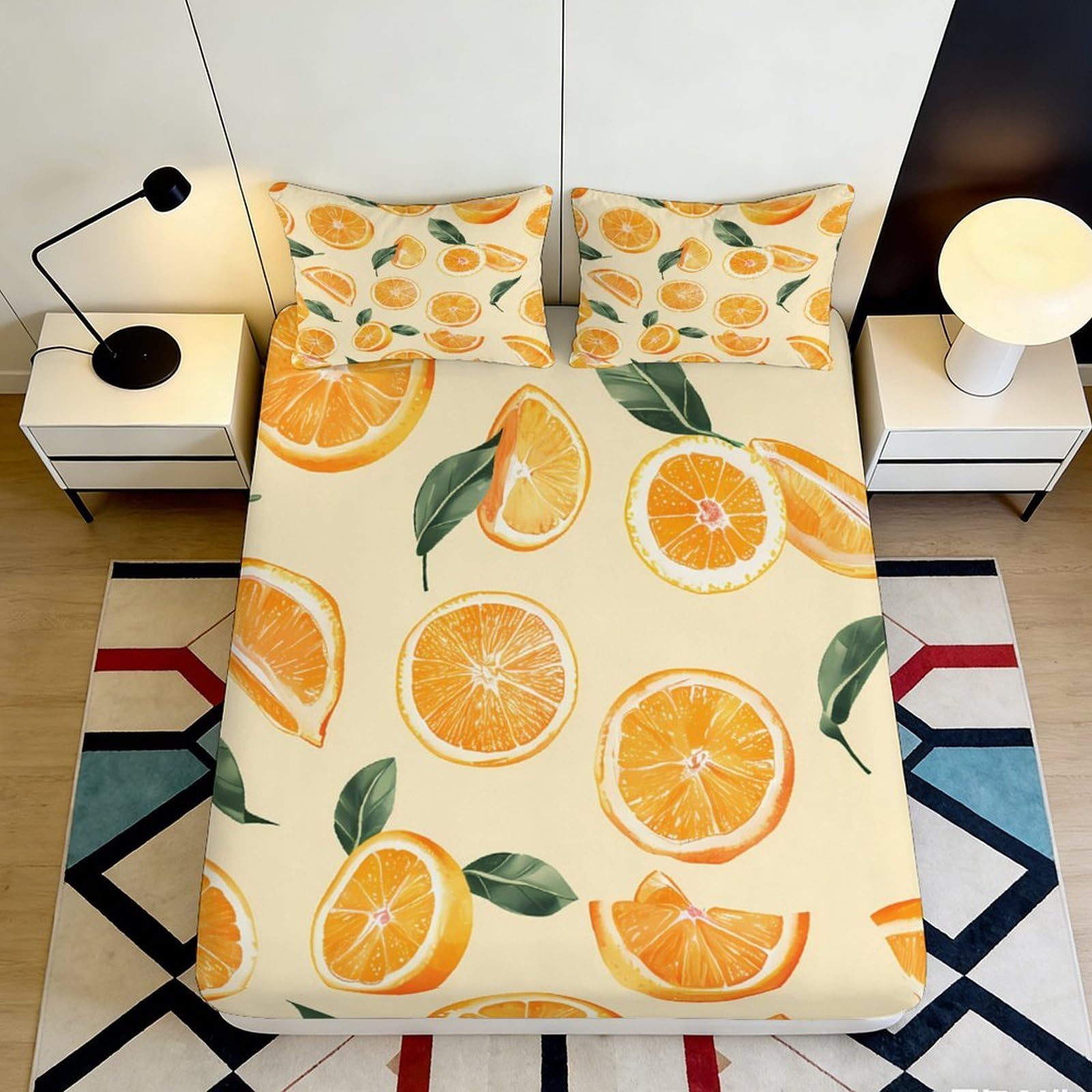 3D Printed Orange Fruit Fitted Sheet Microfiber Soft Breathable Citrus Mattress Cover for Bedroom Dormitory Guest Room Mattress Protection Decor 120x200x25cm
