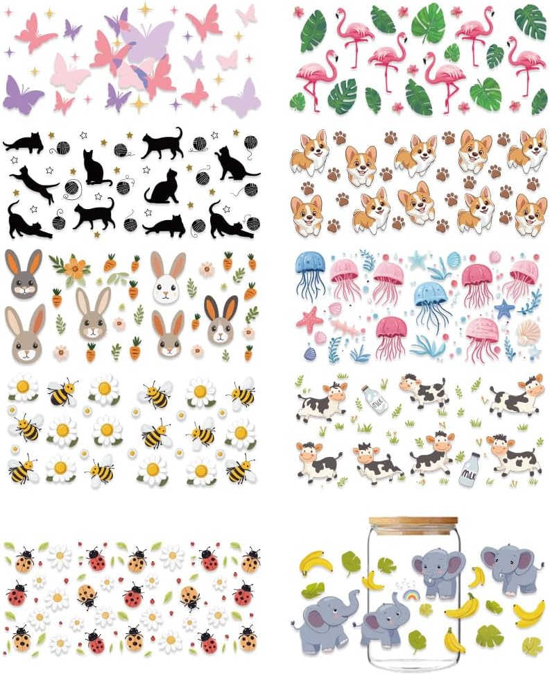 GOMAKERER 10 Sheets UV DTF Cup Wraps, Cute Cartoon Animal Cup Transfer Wraps Cup Wrap Transfer Stickers Rub on Transfers Decals for 16 Oz Glass Cups Milk Tea Cups Mugs Container Decor