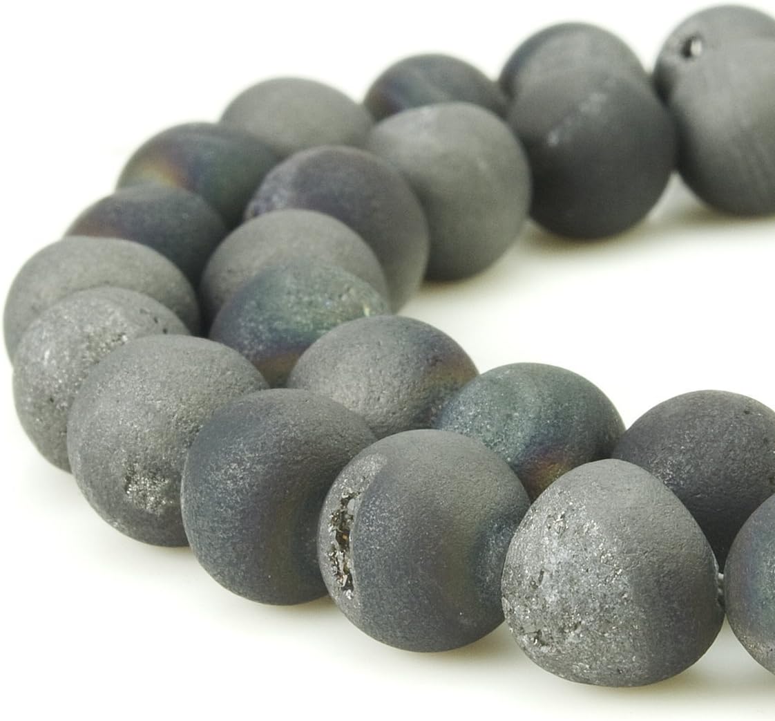 RUBYCA Round Dyed Electroplated Druzy Agate Quartz Crystal Gemstone Beads (1 Strand, Grey, 12mm), Dark Grey - Image 3