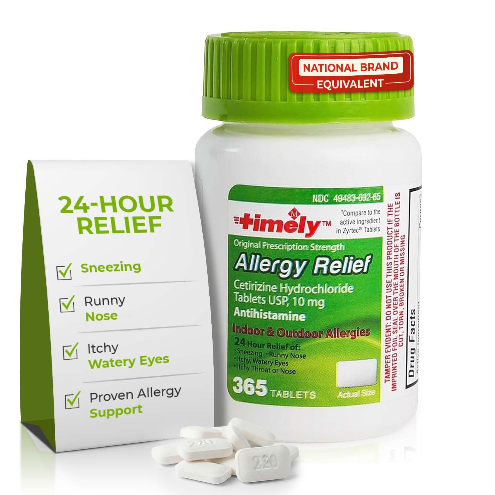 Timely Cetirizine HCl 10 Mg 365 Tablets - 24 Hour Allergy Relief from Sneezing, Runny Nose, Itchy Watery Eyes, Itchy Throat or Nose