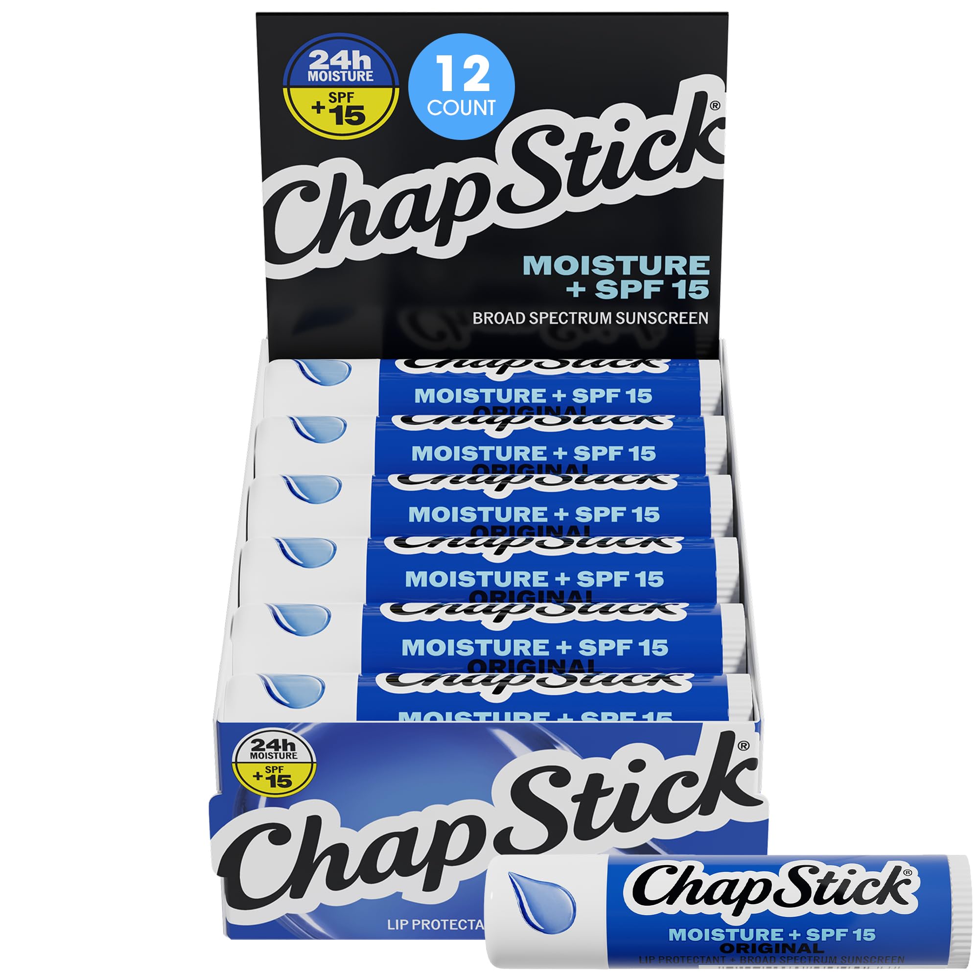 ChapStick Moisture + SPF 15 Bulk Lip Balm Sunscreen 12-Pack, 0.15 Oz Ea
