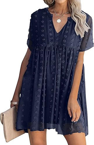 MIHOLL Women's V Neck Short Sleeve Ruffle Loose Summer Flowy Mini Dress