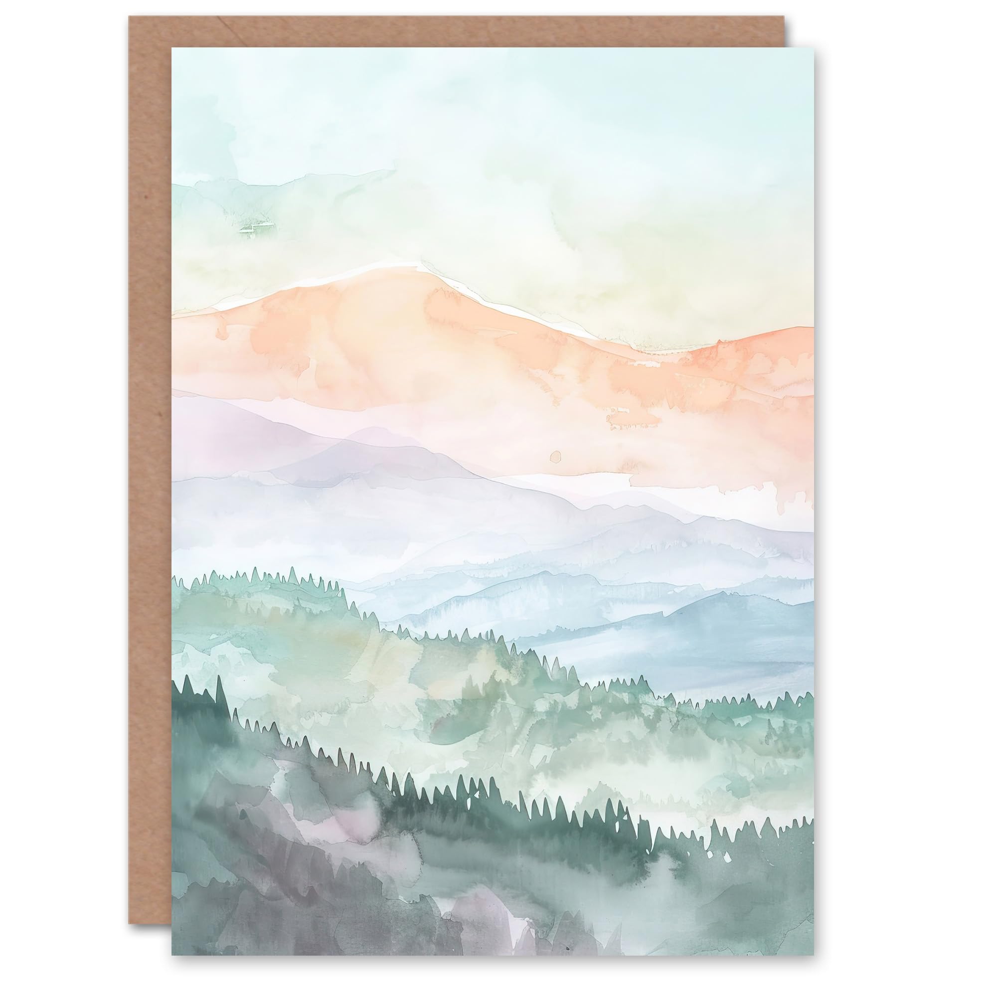 Artery8 Greeting Card Mountain Mist Forest Landscape Hiking Watercolour Blank For All Him Or Her Art Birthday Card