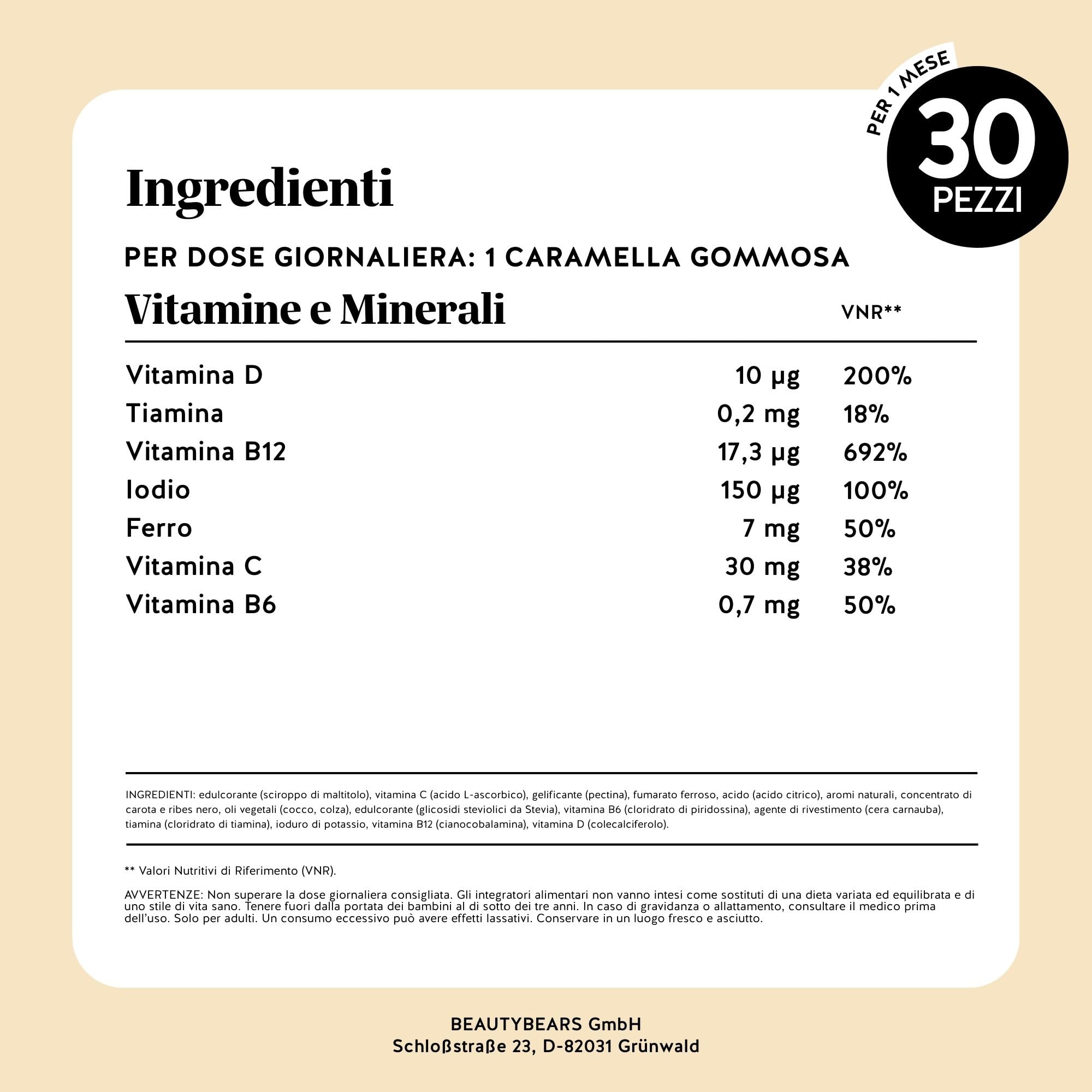 Queen of Iron Power Complex – Integratore Ferro – Difese Immunitarie Gummies – Altamente dosate con Vitamina B12, B1, B6, C, D, Iodio – 30 pezzi (1 mese) – Senza zucchero, Vegane – Bears with Benefits