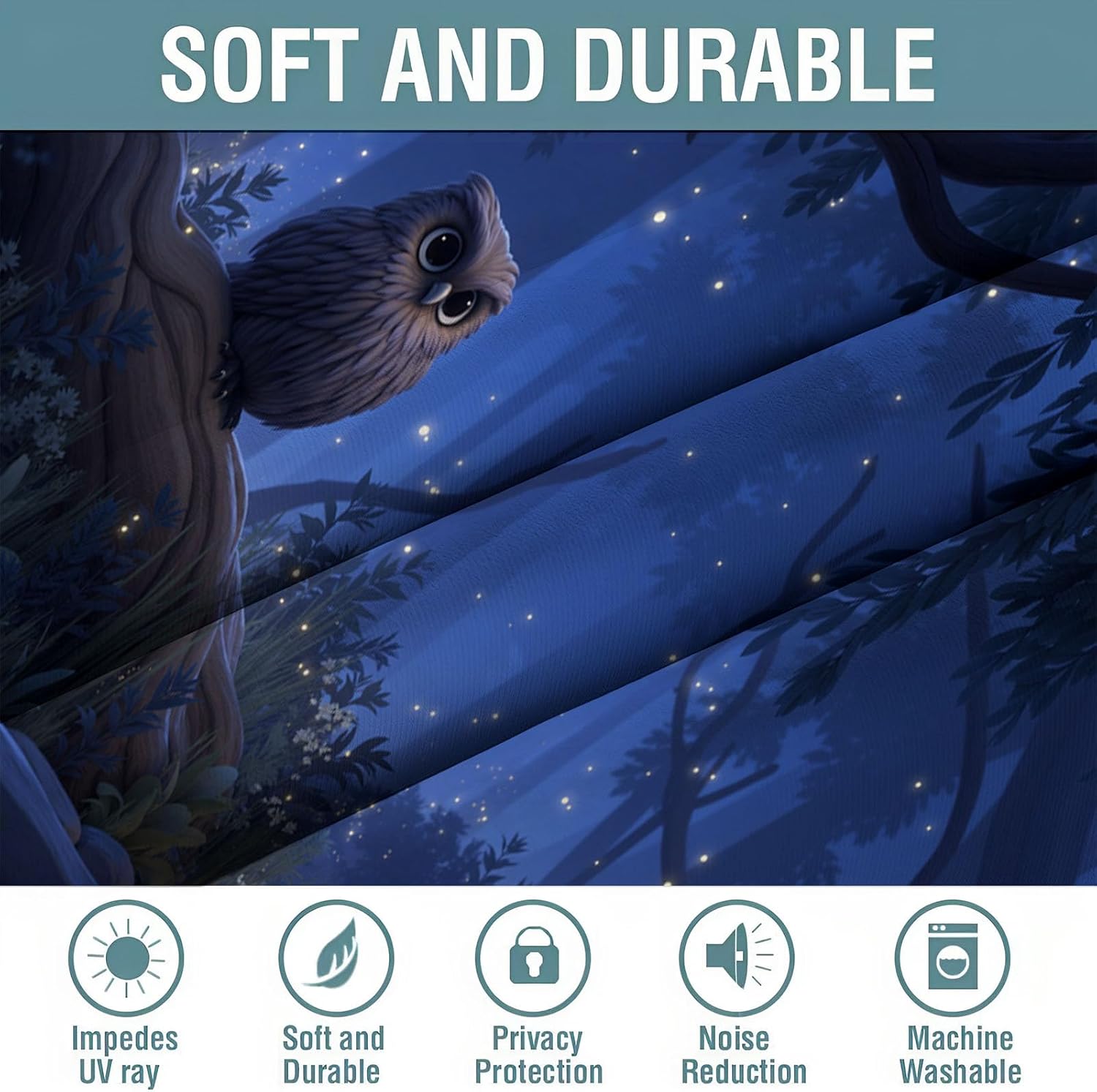 Dark Blue 100% Blackout Curtains for Bedroom 63 Inch Long 2 Panels Set Forest Owl Fantasy Forest Bird Pattern Black Out Curtains Insulated Room Darkening Window Drapes for Living Room, 42" X 63"