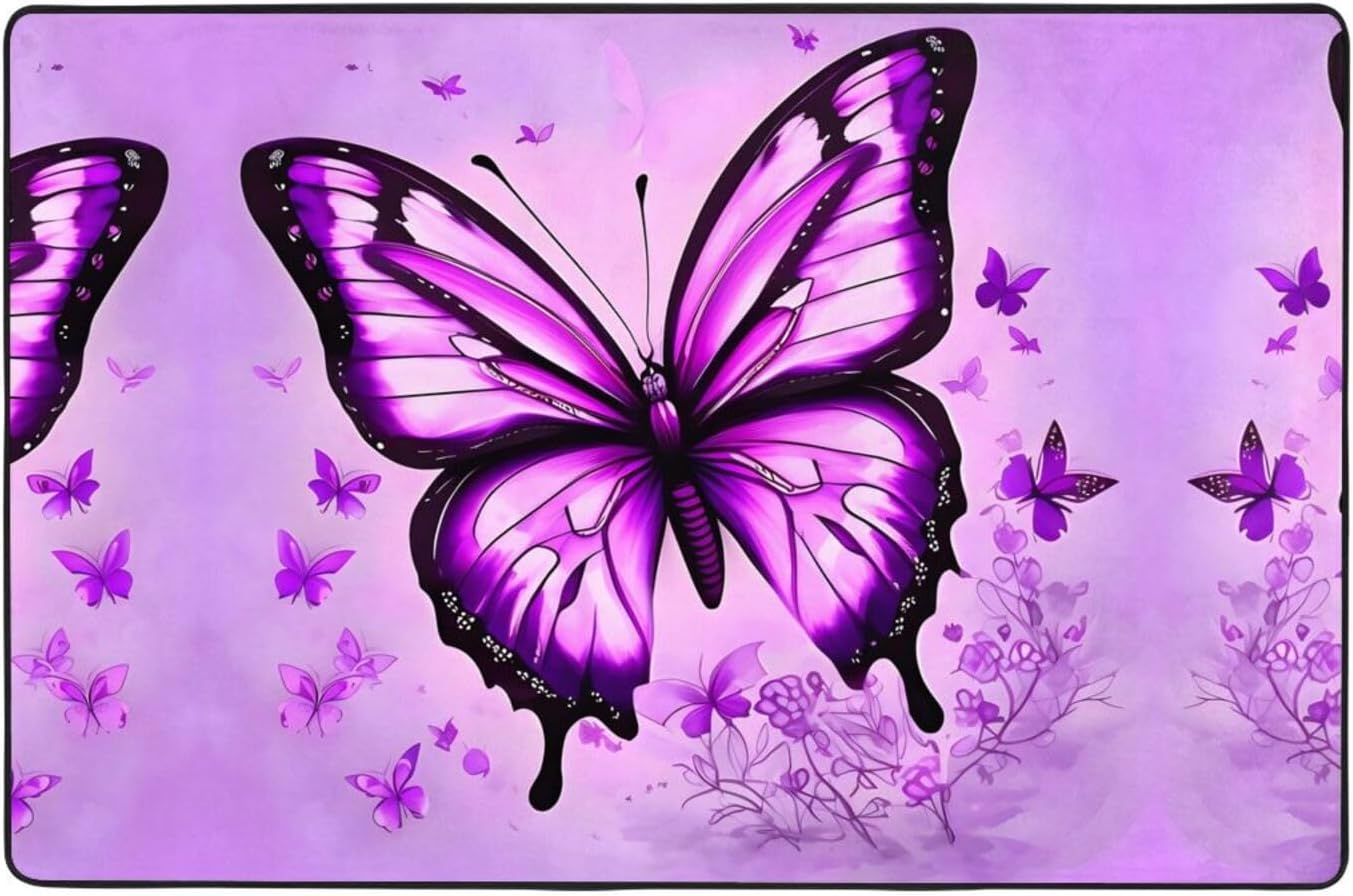 Purple Butterfly Printed Anti-Slip Floor mat Carpet Rug 36"x24" for Living Room Office Coffee Table Bed Balcony